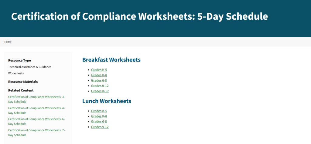 Certification of Compliance Worksheets