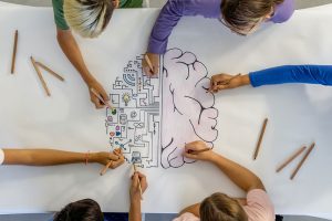 Overhead photo of children drawing and coloring a brain on poster paper