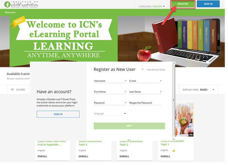 ICN eLearning Portal self registration screenshot