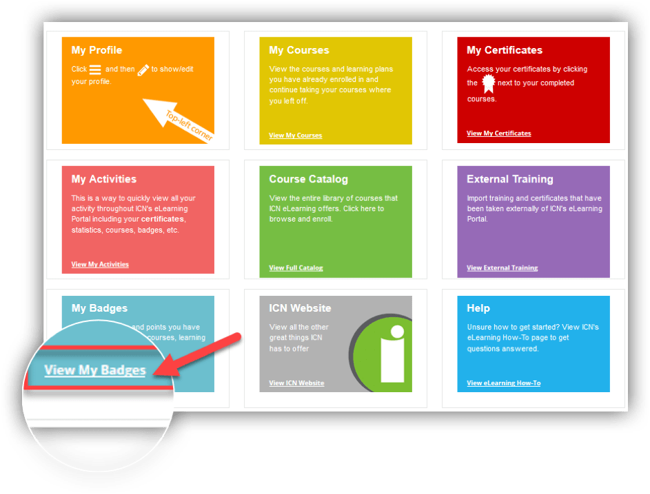 ICN eLearning Portal View Badges How-to screenshot 1