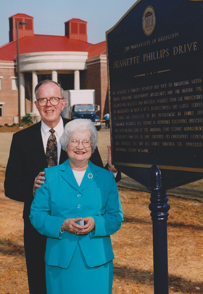 Dr. Phillips and her husband at the dedication of the new Institute building and of Jeanette Phillips Drive March 23, 2001. The historical marker reads: Dr. Jeanette C. Phillips devoted her life to improving nutritional programs throughout Mississippi and the Nation.