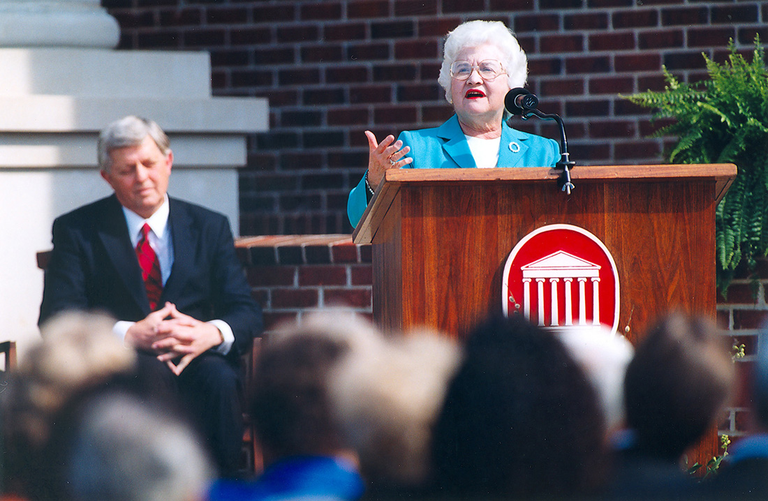 Dr. Phillips speaking at dedication of the new Institute building March 23, 2001. Chancellor Robert Khayat in background. 
