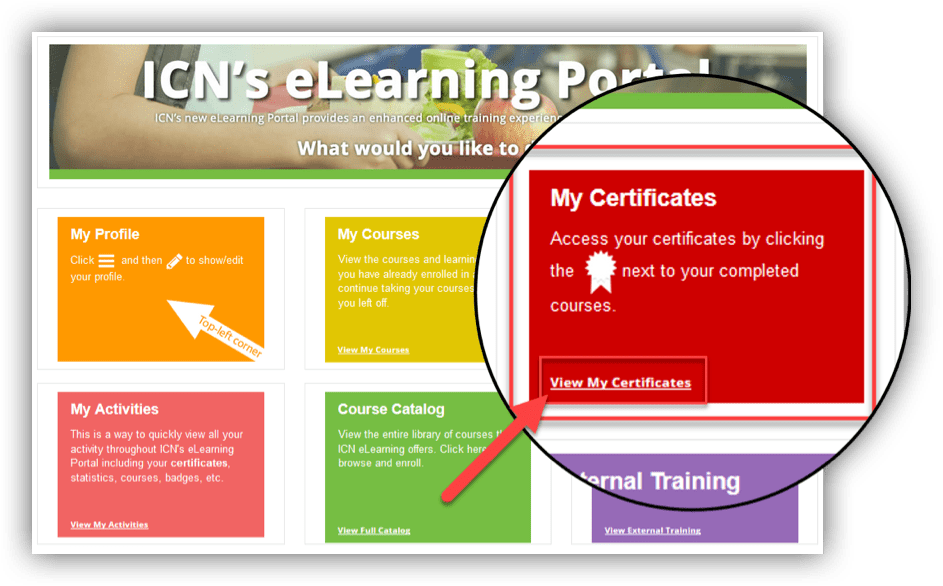 ICN eLearning Portal How-to obtain a certificate screenshot 1