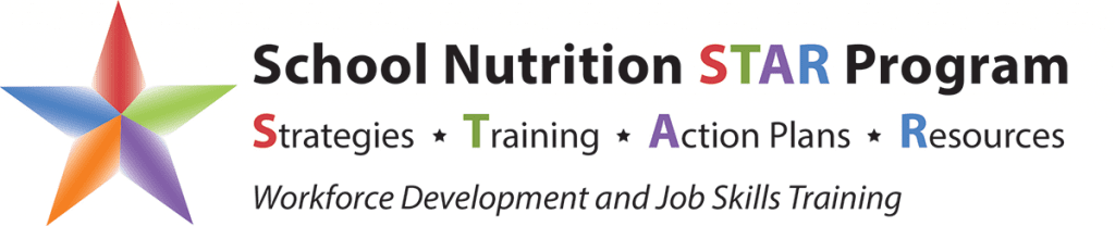 Logo for the School Nutrition STAR Program: Strategies, Training, Action Plan, Resources. Logo is a multicolored star with text.