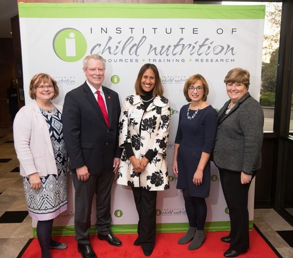 (l to r) SNA President, Gay Anderson; UM Chancellor Glen Boyce; ICN Executive Director, Dr. Aleshia Hall-Campbell; USDA Deputy Administrator, Cindy Long; and SNA CEO, Patricia Montague