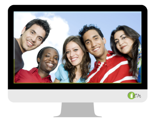 Computer screen with diverse group of students as background image