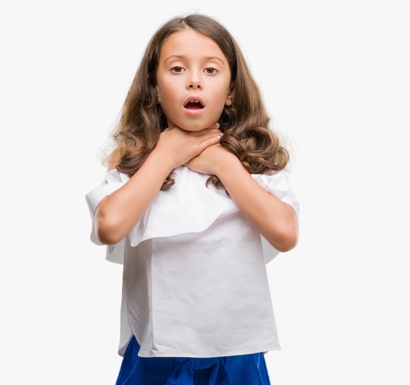 Brunette Hispanic Girl Shouting And Suffocate Because Painful Strangle. Health Problem. Asphyxiate And Suicide Concept.