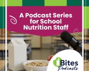 Promotional graphic for ‘iBites Podcasts’, a podcast series for school nutrition staff. Image shows a bowl of cereal, milk carton, apple, and a microphone on a cafeteria table.